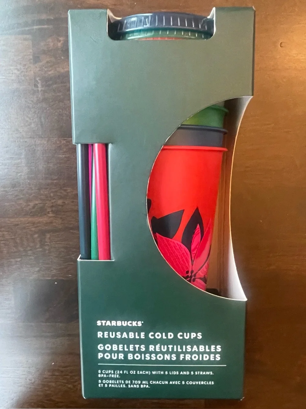 Starbucks 2021 Christmas 5 Pack Reusable Cold Cups W/Lids & Straws, Holiday Gift